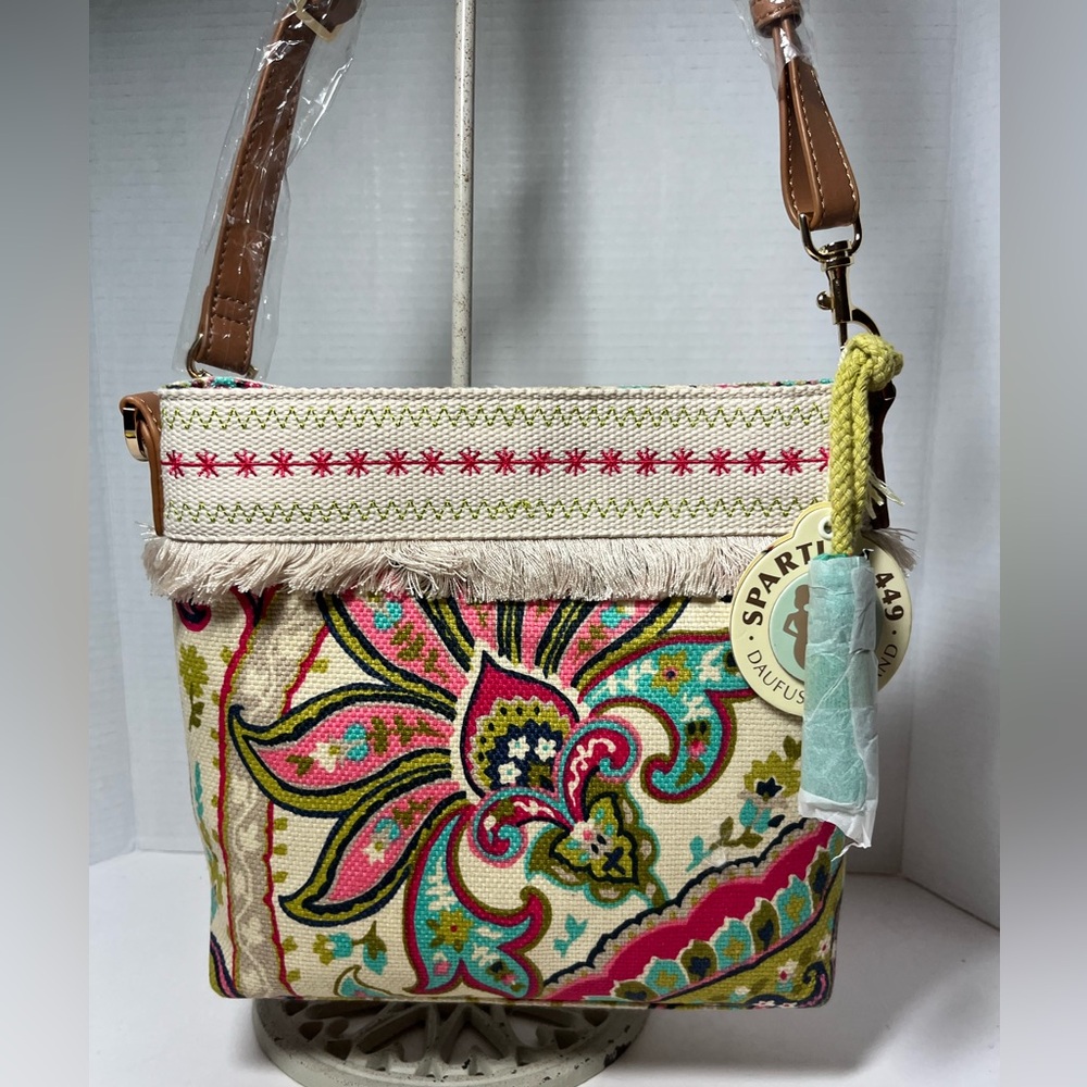 Spartina 449 Salt Meadow Boho Hipster canvas zip-top tassel crossbody purse